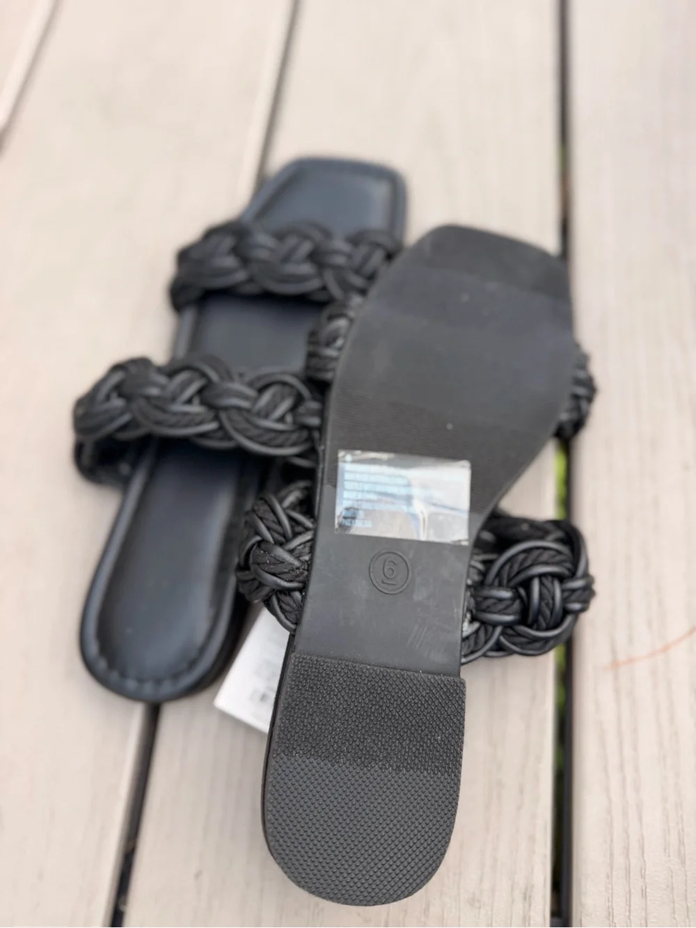 Black Braided Double Strap Open Toe Slide Sandals Flat Shoes